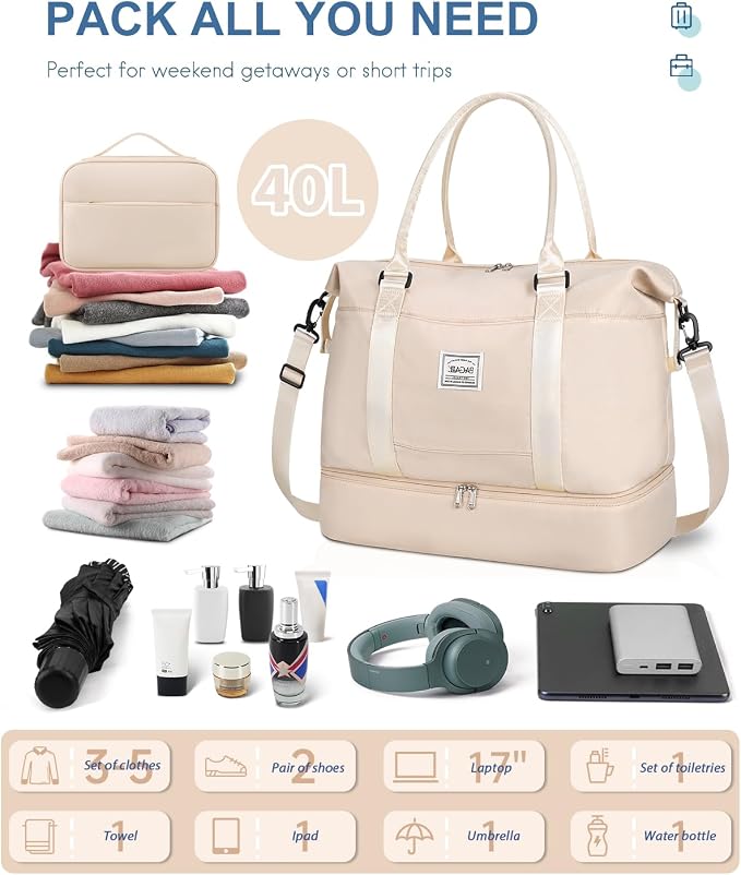 BAGAIL Travel Duffel Bag - Weekender & Overnight Gym Carry On Tote with Wet Pocket - Hospital Mom Bag for Labor and Delivery - Extra Large, Beige - Image 2