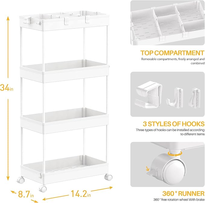 4 Tier Rolling Cart with Wheels, Storage Craft Art Trolley Organizer Serving, 3 Hanging Baskets Easy Assembly, for Office, Living Room, Kitchen - Image 3