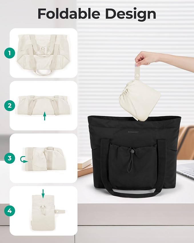 BAGSMART Foldable Tote Bag with Drawstring Bag, Tote Bag Shoulder Bag Top Handle Handbag for Travel, Work, Beach, Gym - Image 4
