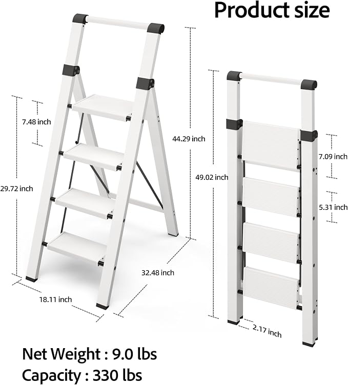 Taranta 4 Step Ladder,Lightweight Aluminum Step Stool Foldable -White | Lightweight Folding Ladder with Handgrip,Wide Top Pedal,330lbs Capacity Stepladder for Home,Office,Kitchen - Image 6