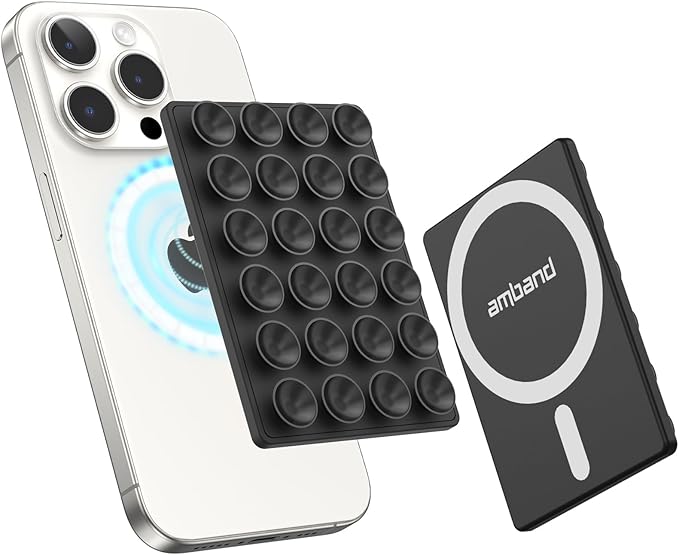 amBand Magnetic Sticky Phone Suction Grip for MagSafe, Removable for Wireless Charging, Durable Magnet Silicone Portable Mount Stand for iPhone 12 13 14 15 16 17 Series, Hands-Free Video/Selfie, Black by amBand