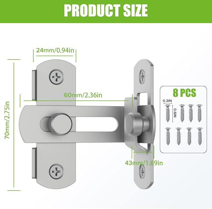 Barn Door Lock, 90 Degree Bifold Flip Door Latch, Silver | Stainless Steel Angle Latch Lock for Barn, Bathroom, Outdoor, Garage - Image 6