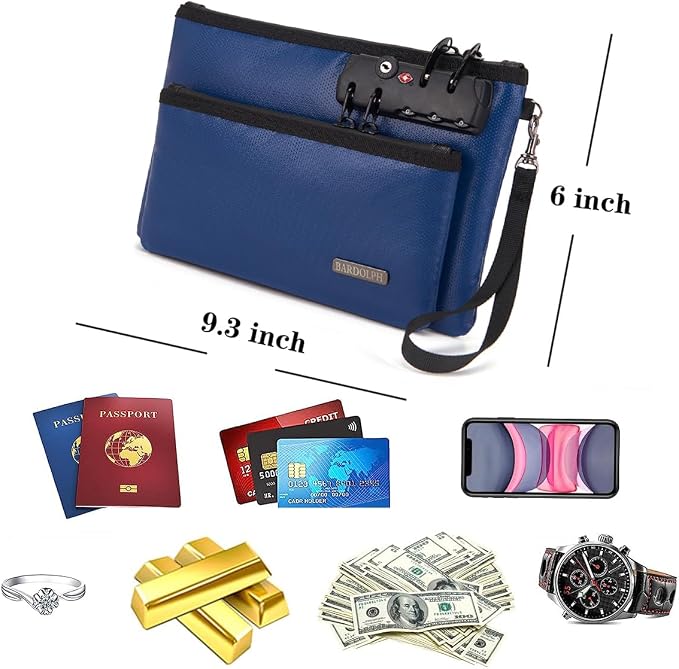 Fireproof Money Bag with Lock, Double layer Cash Bag BankBag for Cash, Valuable StorageBag,Fireproof Safe Box Money Pouch with Zipper (blue, Small) - Image 3