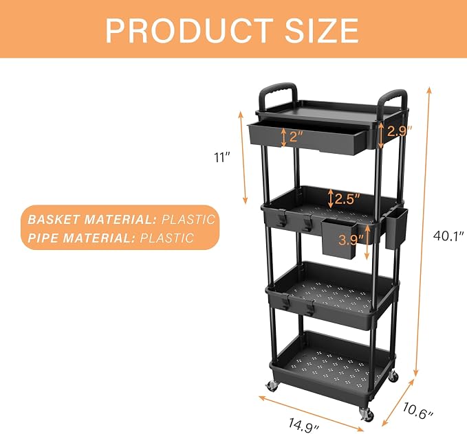4 Tier Rolling Utility Cart with Drawer,REBECAT Utility Cart Made of Multifunctional Storage Organizer Tool for Kitchen,Bathroom,Living Room,Office(Black) - Image 5