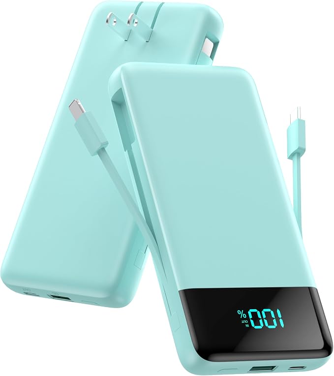 Portable Charger for iPhone with Built-in Cables and Wall Plug,Upgraded 13800mAh Fast Charging USB C Power Bank,4 Outputs Slim Travel Essentials Battery Pack for iPhone 17/16/14,Galaxy,Android-Green by FOCHEW