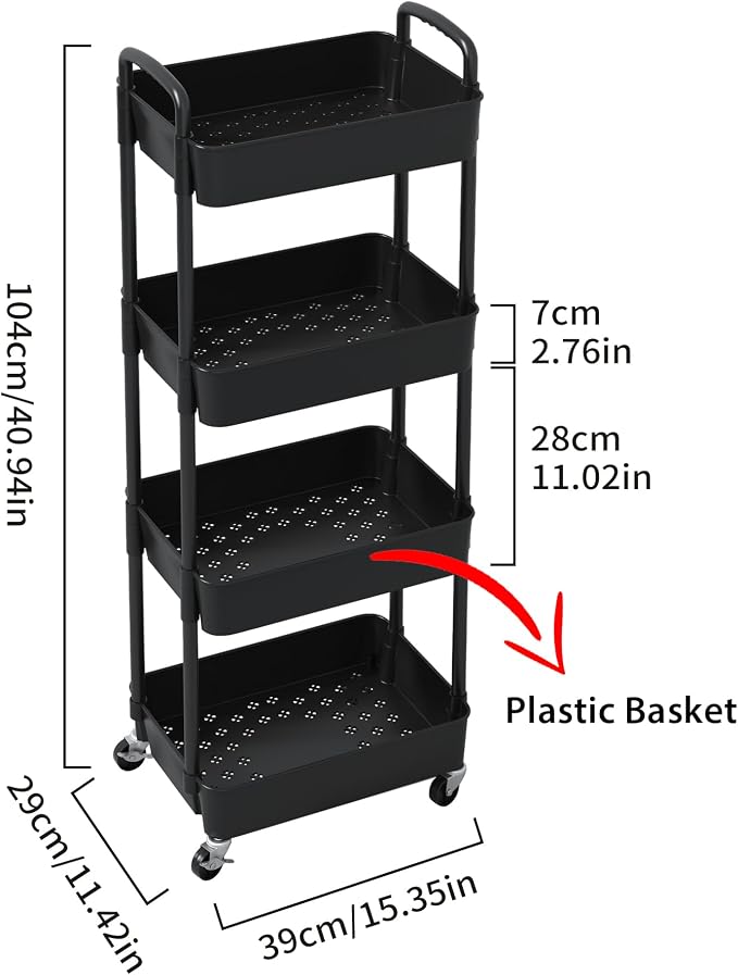 Sywhitta 4-Tier Plastic Rolling Utility Cart with Wheels for Storage, Black | Multi-Functional Storage Trolley, for Office, Living Room, Kitchen, Bathroom,Movable Organizer,Space-Saving,Easy to assemble - Image 2