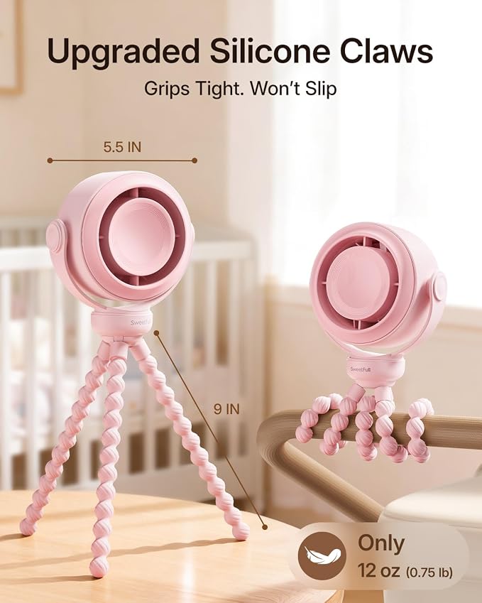 SWEETFULL Portable Stroller Fan, Pinch-Proof Baby Fan - Pink | Wide Turbine Airflow; Safe Design; LED Display; 5-Speed; 30dB Quiet; USB-C Rechargeable; Mini Clip On Fan for Car Seat & Bed - Image 6