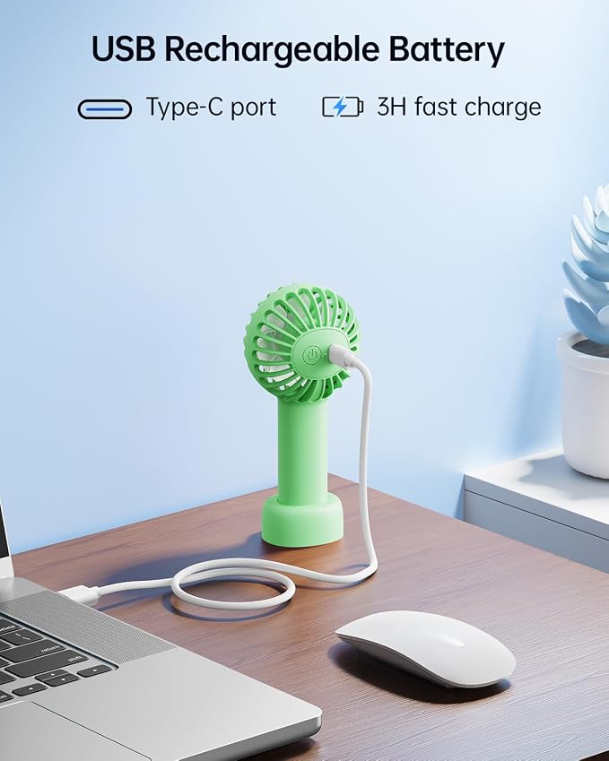 SWEETFULL Mini Portable Fan - Rechargeable Handheld Fan, 3 Speeds Personal Small Hand Gifts for Travel Essentials, Lash, Makeup, Eyelash, Kids, Girls, Women - USB, Cute Design Green - Image 7