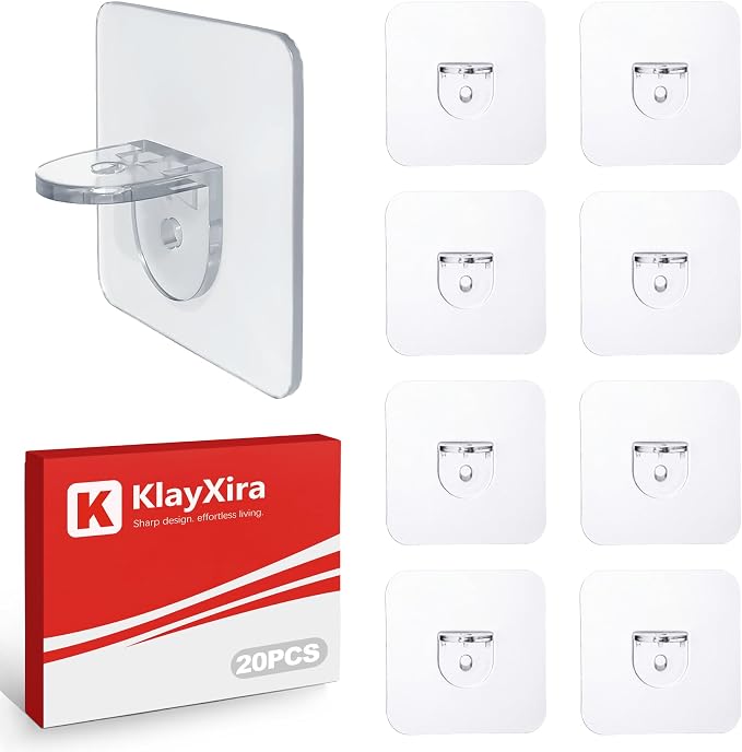 20 Pack Heavy Duty No-Drill Adhesive Shelf Brackets, Clear Waterproof Plastic Wall Shelf Supports for Shower Caddy Kitchen Cabinet Bookshelves by Unknown
