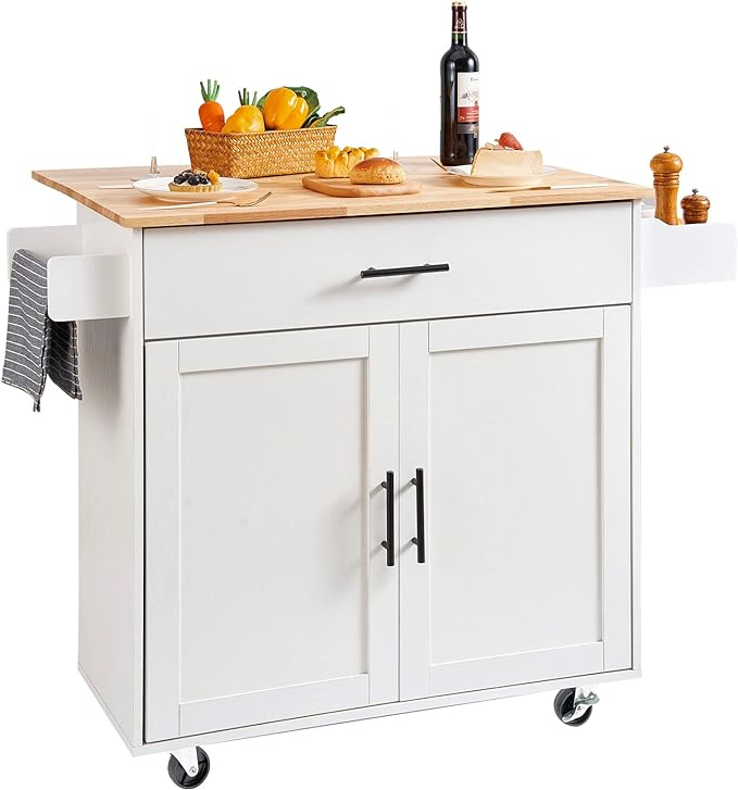 VEVOR Kitchen Island Cart with Solid Wood Top, 35.4" Width Mobile Carts with Storage Cabinet, Rolling Kitchen Table with Spice Rack, Towel Rack, Drop Leaf and Drawer, Portable Islands on Wheels, White | For Home Cooking, Space Saving Drop Leaf For Extr... by VEVOR