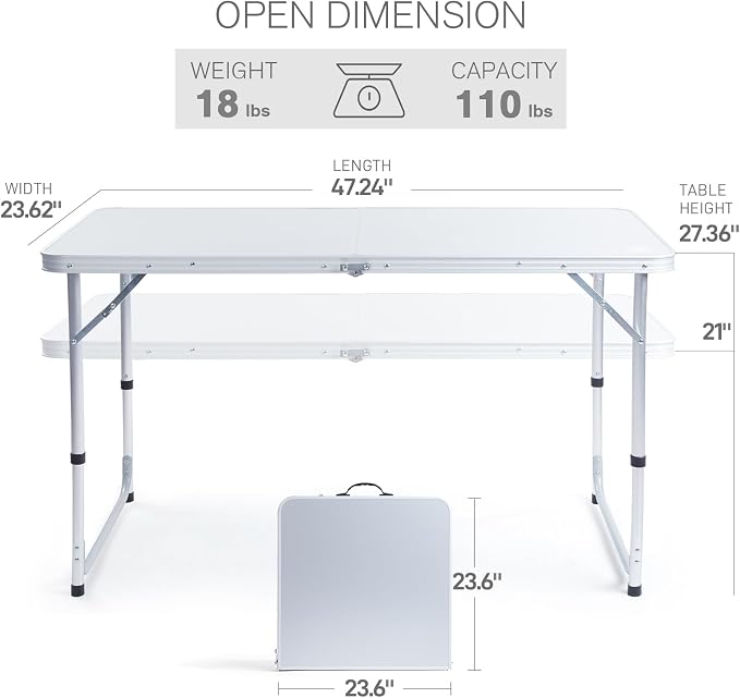 EVER ADVANCED Folding Camping Table with Storage, 4 ft * 2 ft Aluminum Composite Desktop & Adjustable Legs, Outdoor Kitchen Table for Tailgating, Backyard, BBQ and Picnic - Image 3