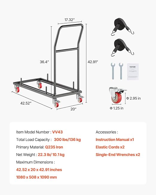 VEVOR Folding Chair Rack, 300 LBS Capacity, L-Shape Horizontal Placement Chair Cart for 25 Chairs, Heavy-Duty Metal Chair Storage Dolly with Rubber Wheels and Holders, Large Chair Holder, Matte Black | 300LBS Folding Chair Rack with Rubber Wheels & Hol... - Image 7