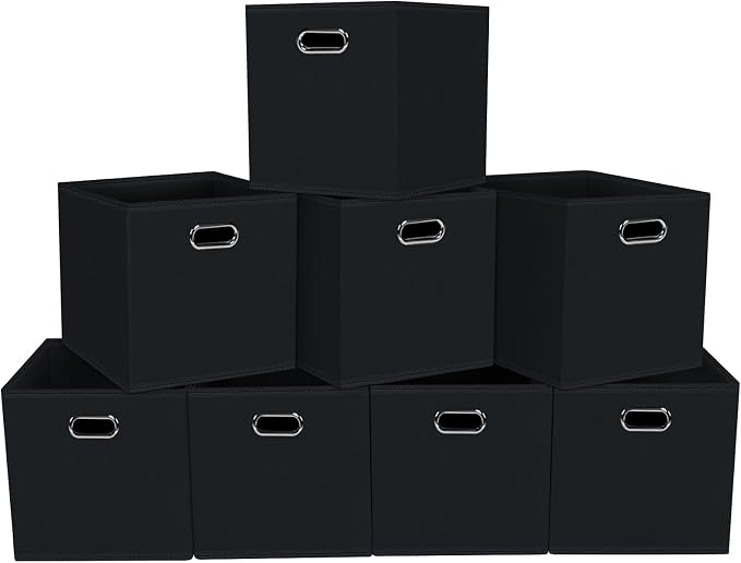 Fabric storage bins Cubes, Fabric Cube Organizer with Handle, Foldable Cube Bins for Cloth or Accessary Storage, 11x11x11, Set of 8, (Black) by Yunkeeper