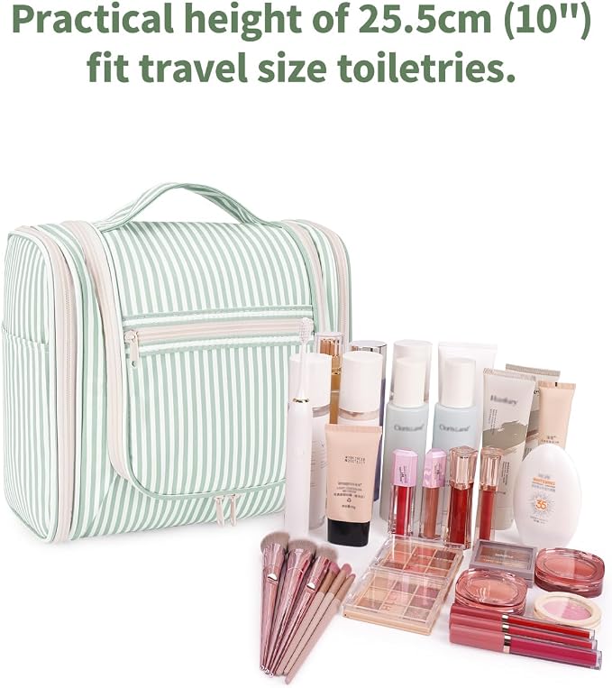 Narwey Striped Hanging Travel Toiletry Bag for Women, Travel Bag for Toiletries, Makeup Bag Organizer Cosmetic Bags Make Up Bags for Women (Mint Green Stripe) - Image 4