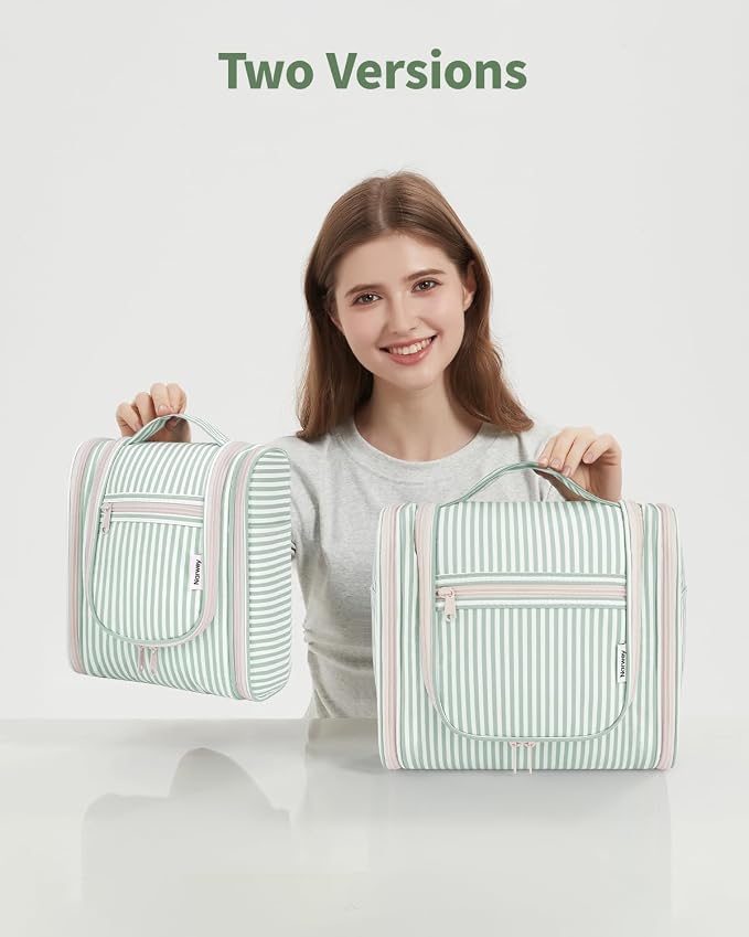 Narwey Striped Hanging Travel Toiletry Bag for Women, Travel Bag for Toiletries, Makeup Bag Organizer Cosmetic Bags Make Up Bags for Women (Mint Green Stripe) - Image 8