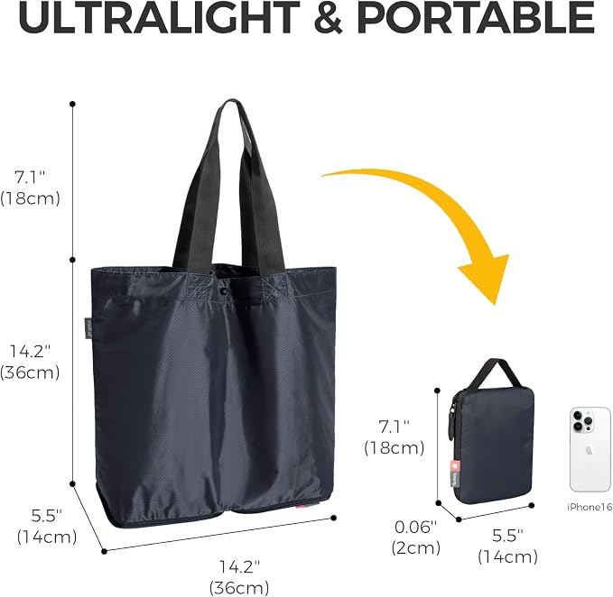 pack all 16L Lightweight Foldable Tote Bag, Reusable Grocery Shopping Bag | Ultralight, Packable, Water-Resistant, Tear Resistant Nylon, Button Closure, Compact for Travel, Work and Camping, Navy - Image 4