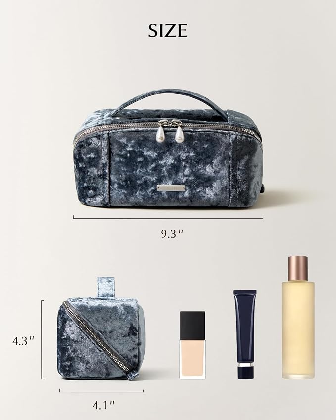 EACHY Velvet Travel Makeup Bag for Women, Flat Open Cosmetic Organizer | Velvet cosmetic organizer with two clear TPU brush pockets and extra storage for makeup, toiletries and travel essentials - Image 7