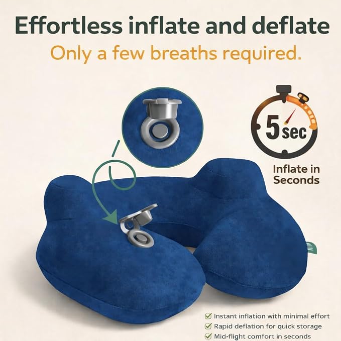 Inflatable Travel Neck Pillow with Adjustable Memory Foam Sides | Lightweight, Soft & Portable Support (Navy Blue, Standard) - Image 5