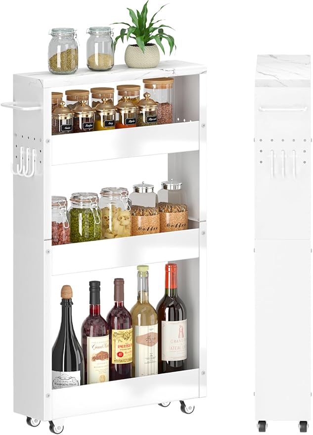 XYZLVSI Slim Storage Cart, 4 Tier Narrow Kitchen Rolling Cart with Wheels | 5.1" W narrow shelf for small spaces, 13" bottom metal utility cart with handle for bathroom/laundry, skinny storage cart by XYZLVSI