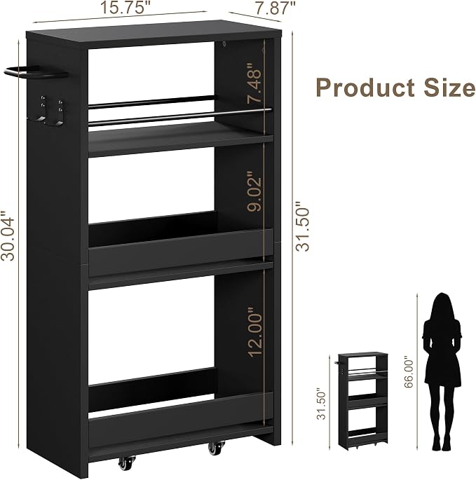 ChooChoo 4-Tier Slim Storage Cart, 7.87 inches Wide Narrow Storage Cabinet with 360° Wheels and 2 Hooks, Space-Saving Organizer for Kitchen, Narrow Places, Laundry Room, Black - Image 2