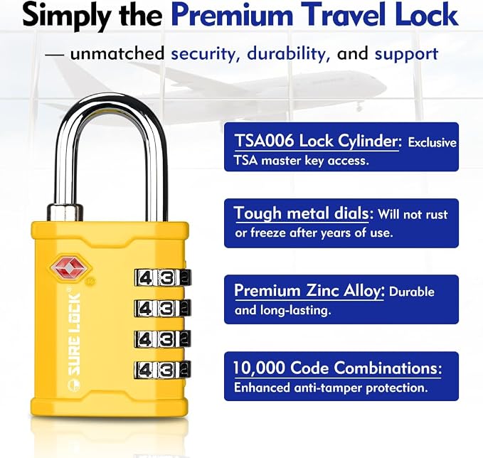 SURE LOCK TSA Accepted 4 Dig Heavy Duty Big Combination Luggage Padlock All Metal Travel Lock for Equipment Hard Case Luggage Gun Case Gym Locker Pelican Vault Lock (2, Yellow) - Image 7