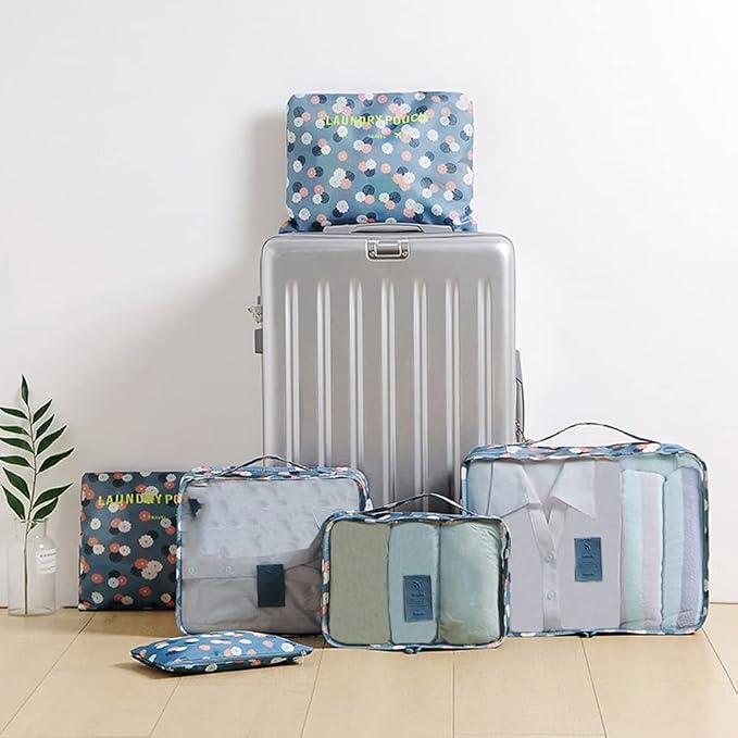 7 Set Packing Cubes Travel Luggage Packing Organizers for Suitcase, Blue Flower - Image 5