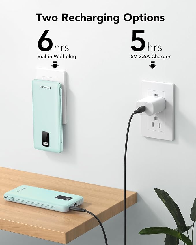 charmast Portable Charger Power Bank 10000mAh with Built-in AC Wall Plug | Built-in Cables,5 Outputs,Flight-Safe,Slim Travel Phone Charger for iPhone 17 14,Samsung Galaxy,iPad,Android,Smartwatch,etc - Image 5