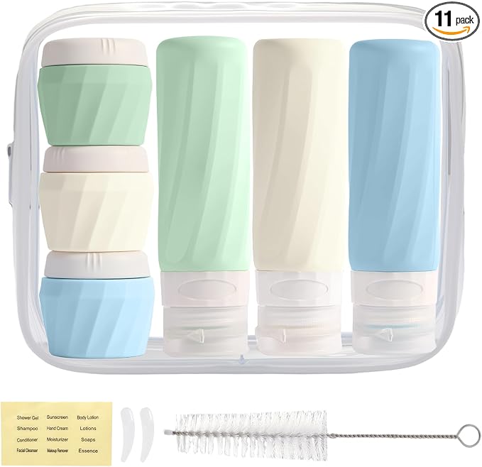 11 Pack Travel Bottles for Toiletries, TSA Approved 3oz Leak Proof Refillable Silicone Squeezable Containers Kit for Shampoo Lotion Conditioner with Toiletry Bag by Xictuwey