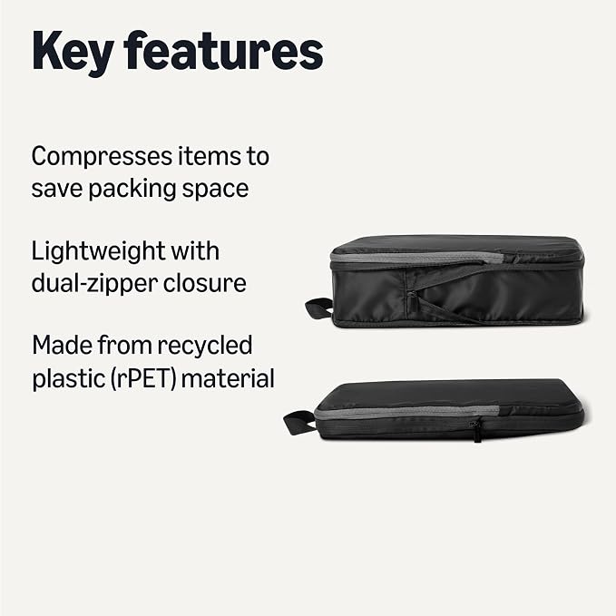 Amazon Essentials Ultralight Compression Packing Cubes, Recycled Fabric, 2 Zippers, 6-Pack, Black, for Suitcases or Backpacks - Image 2
