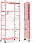 Himix 5-Tier Folding Storage Shelves with 20 Hooks Wheels Home Pink | Folding shelving units, Metal collapsible organization, Wire shelf, No assembly, Kitchen, Room, Holds 440 Ibs No assembly by Himix