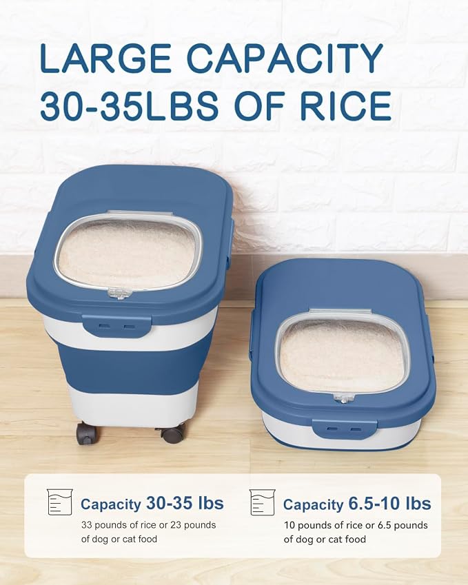 20-30 Lbs Rice Storage Container,Collapsible Food Storage Container | Flour Storage Container with Wheels Airtight Locking Lid,Rice Container Double Seal,Keep Fresh for Pet Food,Rice,Flour - Image 2