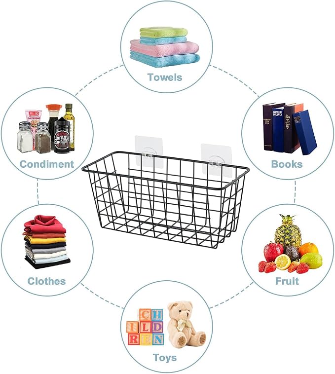 JUNCHU CHERRY 2 Pack Hanging Storage Basket, Bathroom Basket, Household Goods, with Traceless Tape, no Drilling, for Cabinet Storage, Kitchen, Bathroom, Storage Room,Black - Image 2