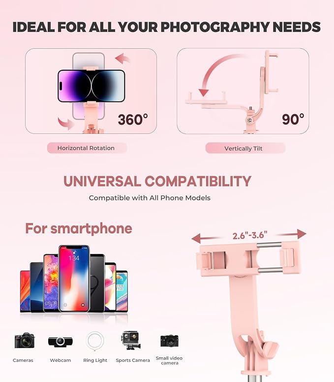 Phone Tripod & Selfie Stick, 180cm Aluminum All in One Extendable Tripod for Smartphone-Pink - Image 5