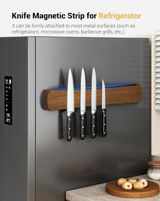 Magnetic Knife Holder, 18 Inch Acacia Wood Knife Strip for Wall or Fridge | Fridge Magnetic or Screw-Mounted, Strong Magnet Secures More Knives, Space-Saving, Kitchen Knife Storage, Housewarming Gift - Image 5