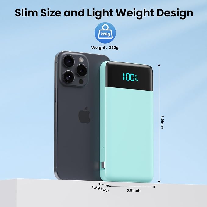 Portable Charger with Built-in AC Plug and Cables,13800mAh All in One USB C Fast Charging Power Bank,Travel Essentials Portable Phone Charger Battery Pack for iPhone 17/16/15/13,Galaxy,Android-Green - Image 4