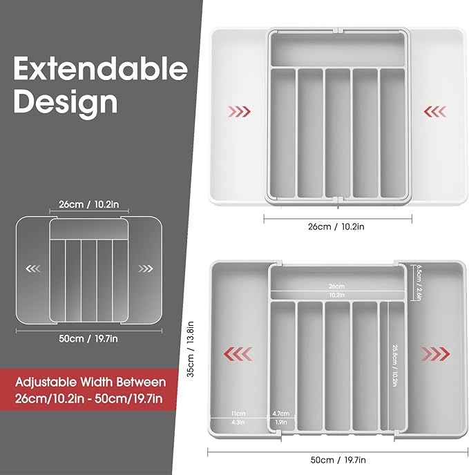 Aujen Silverware Drawer Organizer, Adjustable Utensil Cutlery Tray | Expandable Kitchen Organizer for Forks Knives, Multipurpose Kitchen Storage, Apartment Essentials, Light Grey, Large - Image 2