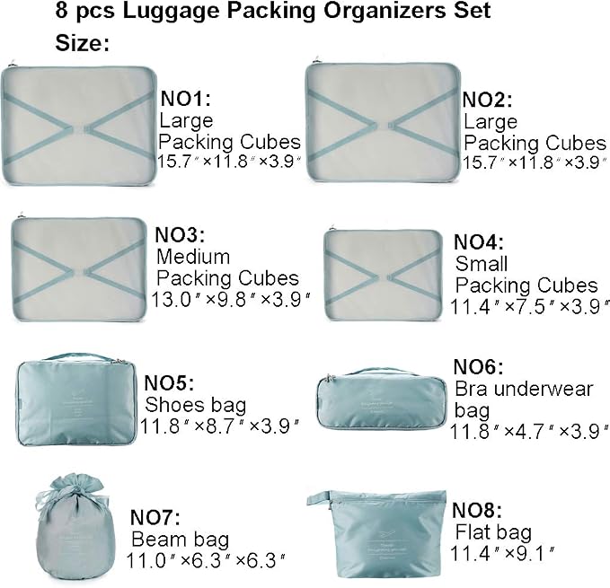 Packing Cubes for Travel, 8 Pcs Set | Luggage Organizers with Shoe Bag and Toiletry Bag, Classification and Storage, Save Storage Space and Luggage Packing Time - Image 2