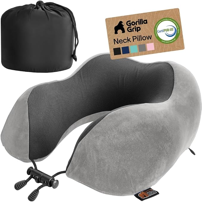 GORILLA GRIP Adjustable Travel Neck Pillow for Airplanes, CertiPUR-US® Memory Foam, Soft Velvet and Cooling Mesh Pillows, Support Headrest for Sleeping, Traveling Essentials, Flight Accessories, Gray by Unknown
