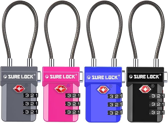 SURE LOCK TSA Approved Luggage Locks with Open Alert Indicator, 3 Digit Combination Cable Travel Lock for Suitcase, Backpack, Gym Locker, Toolbox, Carry On & Travel Bag by Hopeyoucanstaysafe