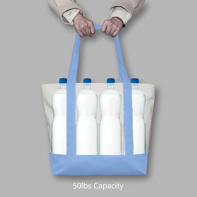 TOPDesign 1-Pack Canvas Tote Bag with an External Pocket, Reusable Grocery Shopping Bag, Top Zipper Closure, Daily Essentials (Light Blue/Natural) - Image 6