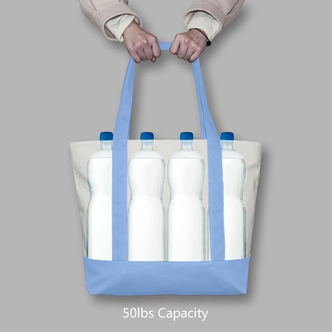 TOPDesign 6-Pack Canvas Tote Bags with an External Pocket, Reusable Grocery Shopping Bags, Top Zipper Closure, Daily Essentials (Light Blue/Natural) - Image 6
