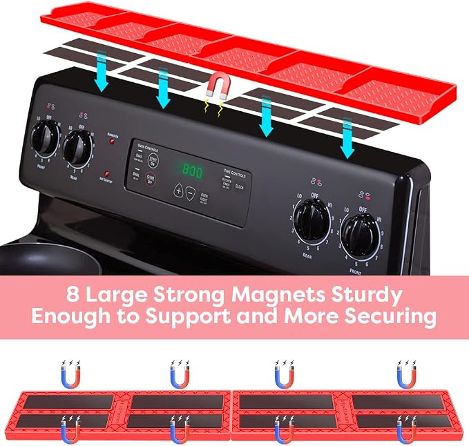 Stove Top for Shelf Silicone,30 Inch Magnetic Over the Stove Spice Rack of Shelf,Kitchen Shelf for Stove Organizer Magnet Above Stovetop Flat Back of Stove Storage Suctioned Shelf for The Stove-Red - Image 3