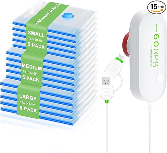 15 Pack Vacuum Seal Bags for Clothing Travel with -60000Pa USB Pump, Save 80% of Space for Clothes (15 Combo) by Mapambo