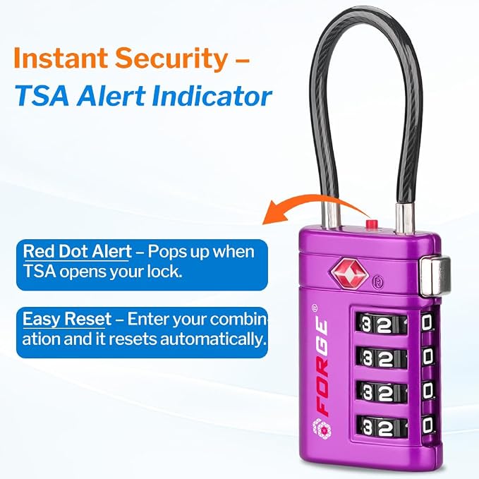 Forge TSA Approved Luggage Locks 4 Digit Combination TSA Travel Locks with TSA008, Open Alert Indicator, Zinc Alloy Body for Luggage, Suitcase, Backpack, and More. Purple 2 Locks. - Image 2