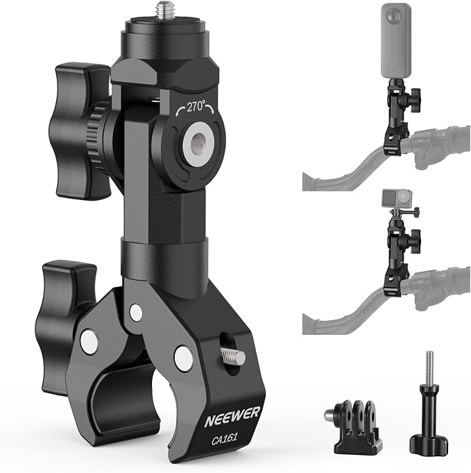 NEEWER Motorcycle Bike Handlebar Clamp Action Camera Mount, CA161 | Heavy Duty Clip Holder, 1/4" Screw, 3 Prong Adapter, Compatible with Insta 360 X5 X4 Hero 13 12, POV Video Recording, CA161 by Neewer