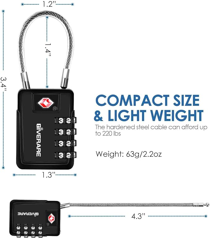 2 Pack TSA Approved Travel Luggage Locks 4-Digit, Metal Cable Suitcase Combination Lock, Alloy Keyless Zipper Padlocks, TSA Accepted Compatible Padlock for Gym Locker, Golf Bag Case, Anti Theft-Black - Image 2