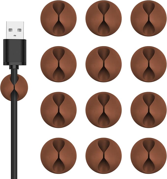 12PCS Coffee Adhesive Cable Clips Cord Organizer for Wire Management | Residue-Free Strong Adhesive, No-Drill Install, For Charger Headphone Cords, Home Office Desk Car Nightstand, Wire Organizer by Flezoo