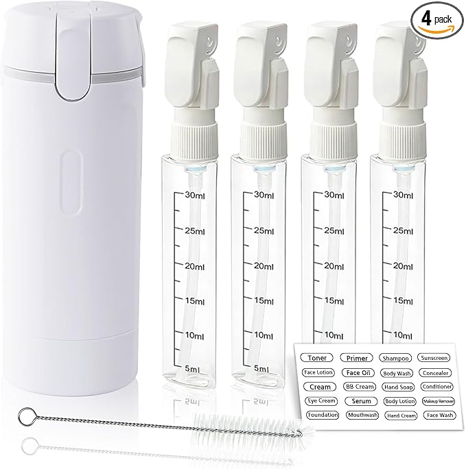 4 in 1 Travel Dispenser Bottle with Cleaning Brush,4 Pack 30ml Leak Proof Refillable Travel Size Toiletries Containers for Shampoo Conditioner,Portable Travel Bottles Set for Vacation Camping & Gym by Unknown