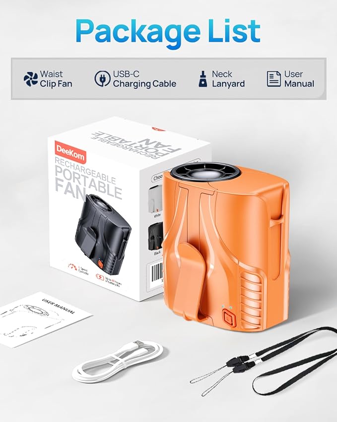 Portable Personal Waist Fan& Neck Fan, 14000RPM Brushless Motor, 40H Runtime Rechargeable, 6-Speed Quiet Operation, Clip-On Personal Body Cooling for Camping/Worksites/Outdoor - Image 9