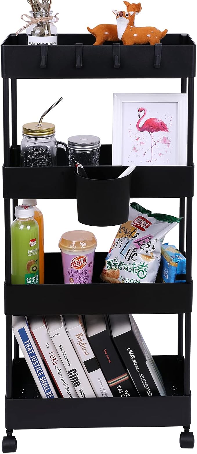 4 Tier Slim Rolling Utility Kitchen Cart Bathroom Organizer for Narrow Places Multipurpose Storage Shelve Mobile Trolley for Bedroom Laundry Office Restaurant Garage Pantry (Black) by AYVANBER